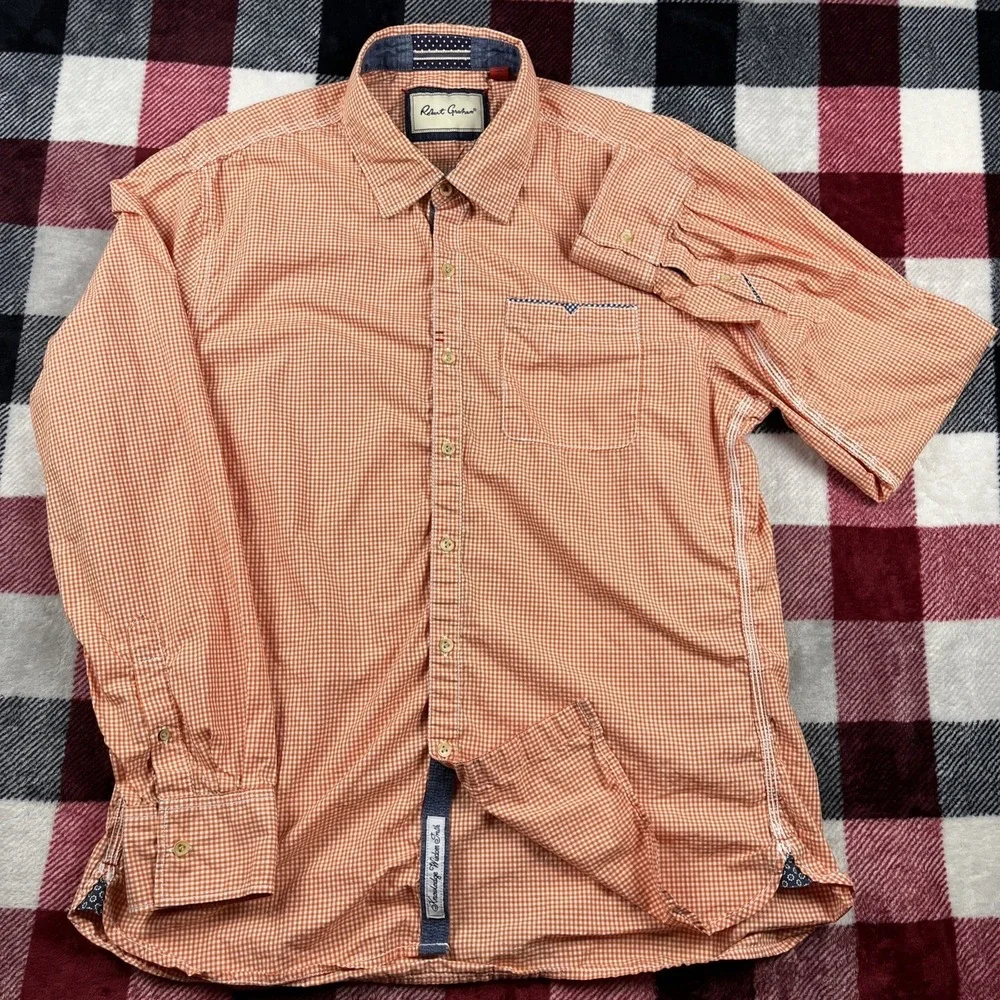 Robert Graham Shirt Mens XL Orange Gingham Tailored Fit Button Up‎ Lightweight